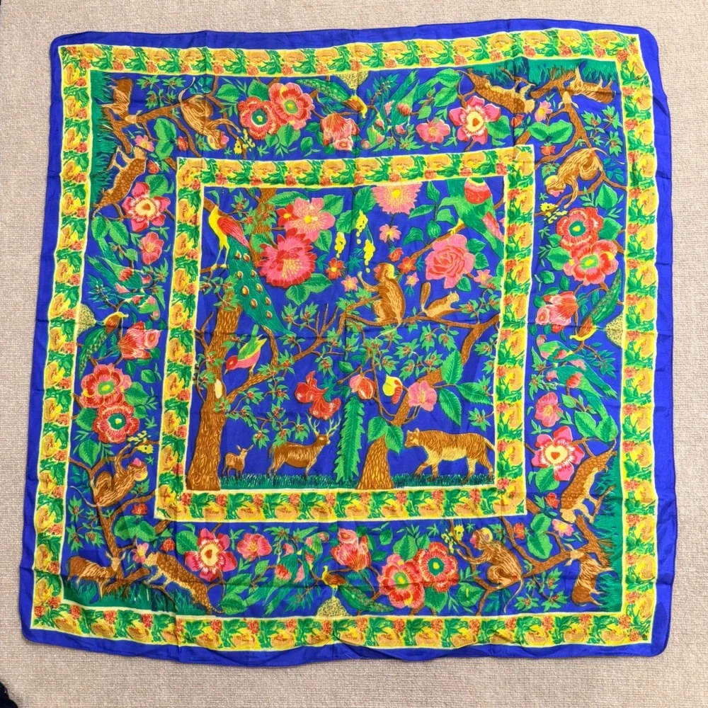 Vintage Jungle Wildlife Silk Scarf Blue Tiger Monkey Peacock Floral Square Scarf